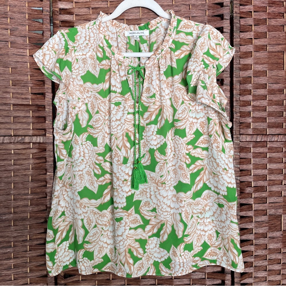 Rose & Olive Flutter Sleeve Blouse, Cottagecore Boho Prairie Romantic Size XL.